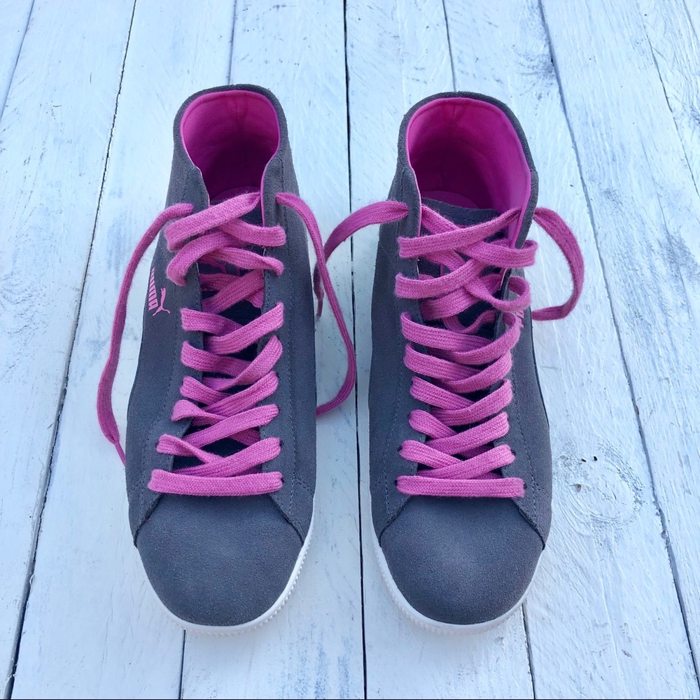 Pink and gray suede Puma high tops